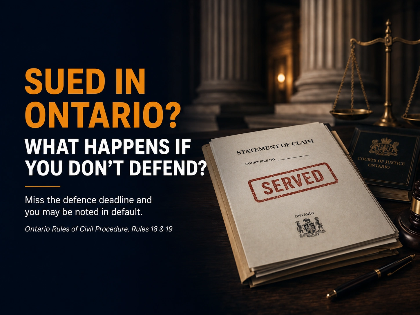 Ontario statement of claim stamped “Served” on a courtroom desk, warning what happens if you don’t defend a lawsuit.