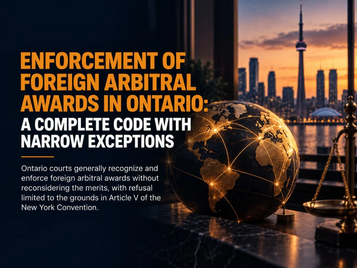 Image illustrating the enforcement of foreign arbitral awards in Ontario, featuring a globally connected globe, Toronto skyline, and scales of justice.